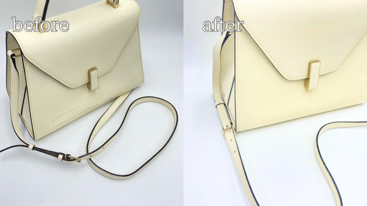 ヴァレクストライジィデ染め直しコバの色移りや黒ズミスレ汚れを綺麗にしたビフォーアフター画像